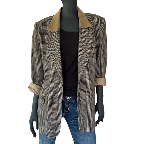 Vintage Plaid Check Wool Blend Blazer - Neutral Dark Light Academia Preppy - Picture 1 of 10